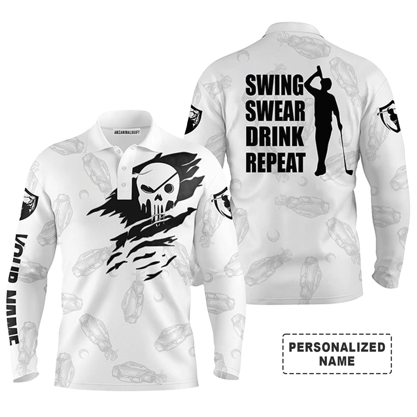 Custom Golf Long Sleeve Men Polo Shirt- Custom Name Skull - Swing Swear Drink Repeat Men Polo Shirt - Perfect Polo Shirt For Men, Golf Lover