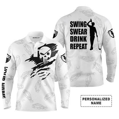 Custom Golf Long Sleeve Men Polo Shirt- Custom Name Skull - Swing Swear Drink Repeat Men Polo Shirt - Perfect Polo Shirt For Men, Golf Lover