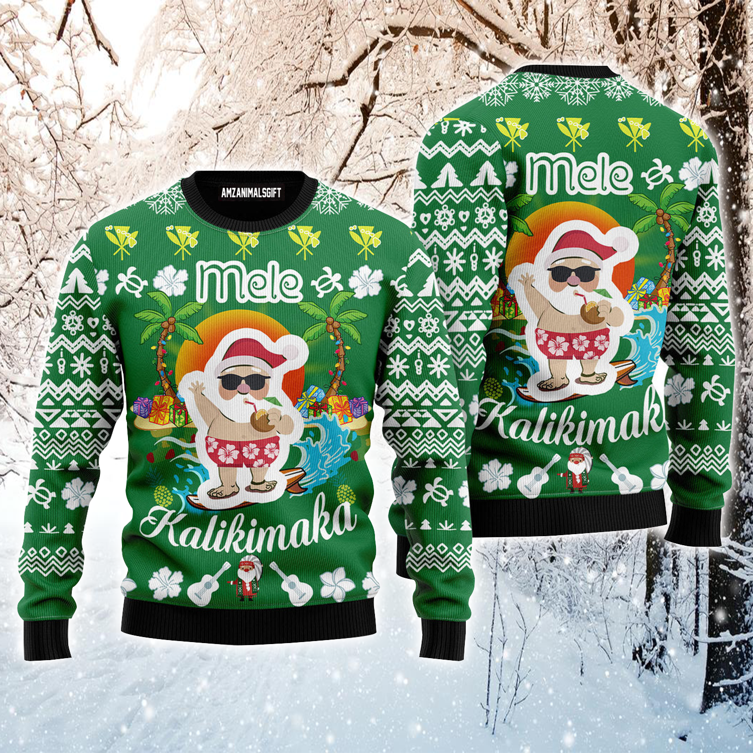 Santa Clause Christmas Ugly Sweater, Mele Kalikimaka Ugly Sweater, Funny Santa Green Sweater For Men & Women, Perfect Gift For Christmas, Friends, Family