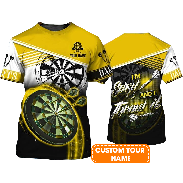 Customized Name Darts T Shirt, I'm Sexy And I Throw It Personalized Yellow Darts T Shirt For Men - Gift For Darts Lovers, Darts Player, Dart Team