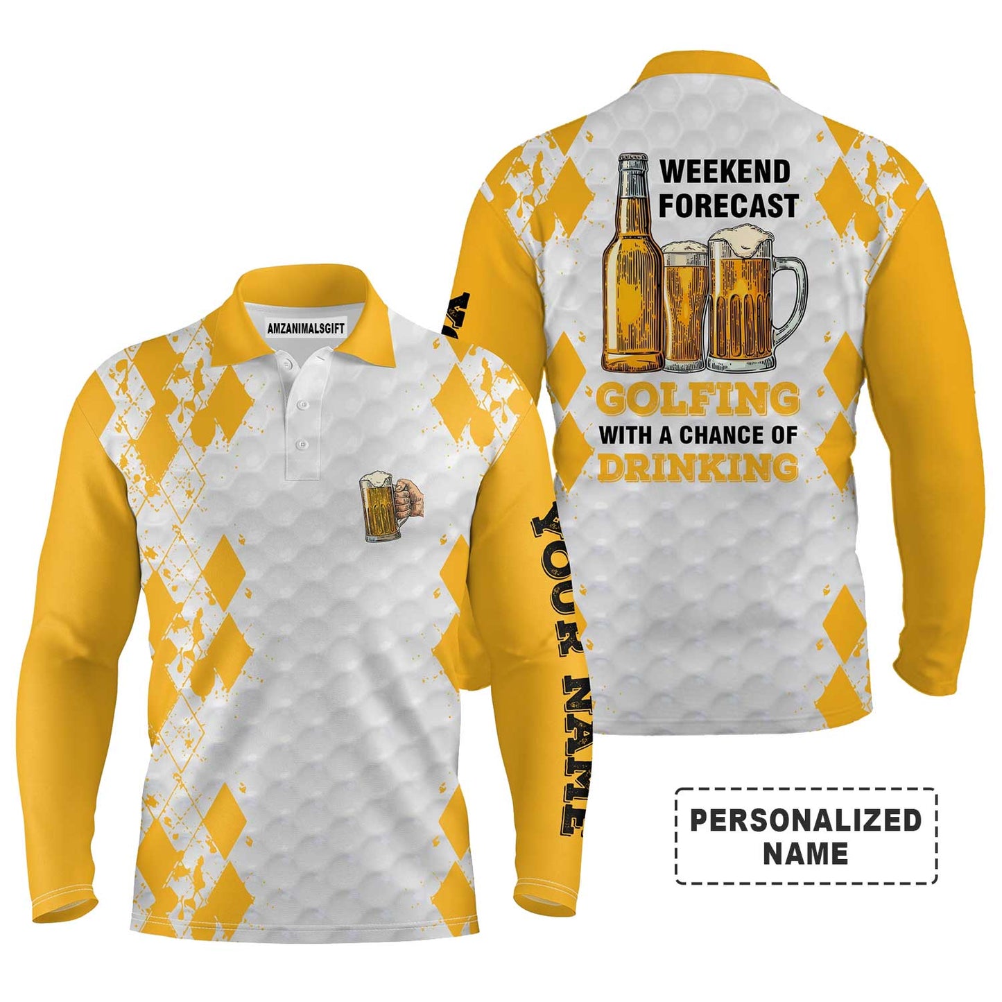 Custom Name Funny Beer Golf Men Polo Shirt - Weekend Forecast Golfing With A Chance Of Drinking Polo Shirt - Perfect Gift For Golf Lover, Team, Golfer