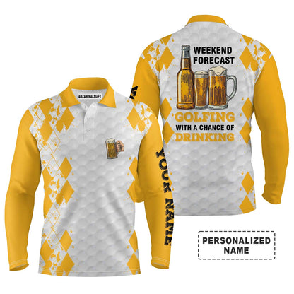 Custom Name Funny Beer Golf Men Polo Shirt - Weekend Forecast Golfing With A Chance Of Drinking Polo Shirt - Perfect Gift For Golf Lover, Team, Golfer