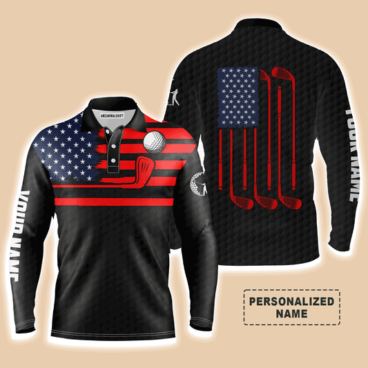 Custom Golf Long Sleeve Men Polo Shirt - American Flag Custom Name Multicolor Apparel Men Golf Polo Shirt - Perfect Polo Shirt For Men, Golf Lover