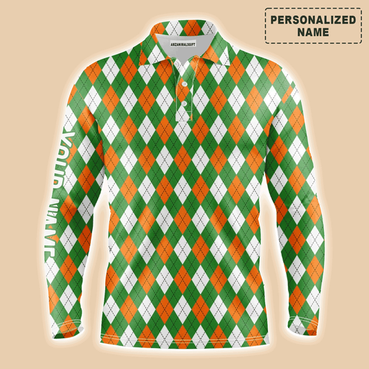 Custom Golf Long Sleeve Men Polo Shirt- St Patrick's Day White Green Orange Argyle Plaid Pattern Custom Name Apparel- Personalized Gift For Golf Lover