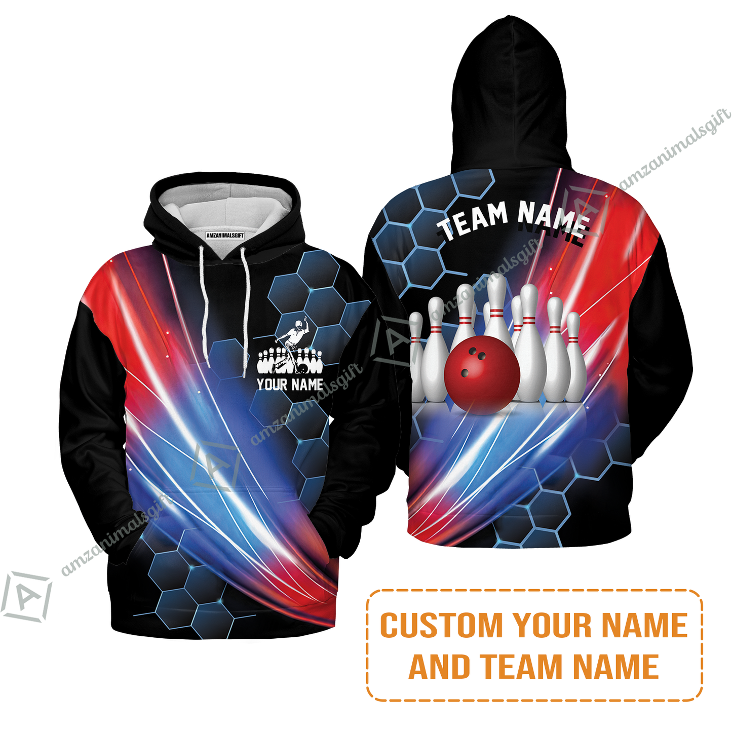 Personalized Bowling Men Hoodie - Custom Name & Team Name Honeycomb Pattern Bowling Hoodie For Men & Women Bowling Lover