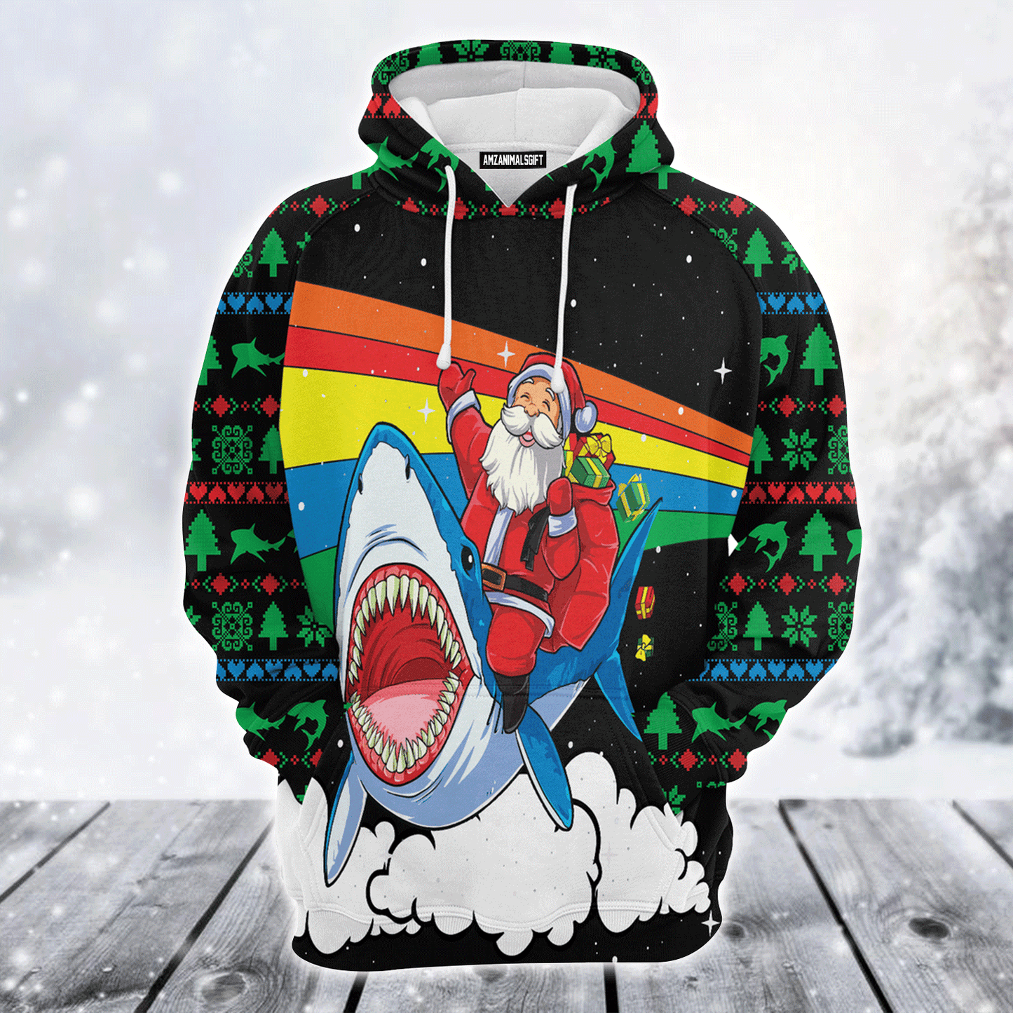 Shark Premium Christmas Hoodie, Santa Riding Shark Christmas Colorful Unisex Hoodie For Men & Women - Perfect Gift For Christmas, Shark Lover