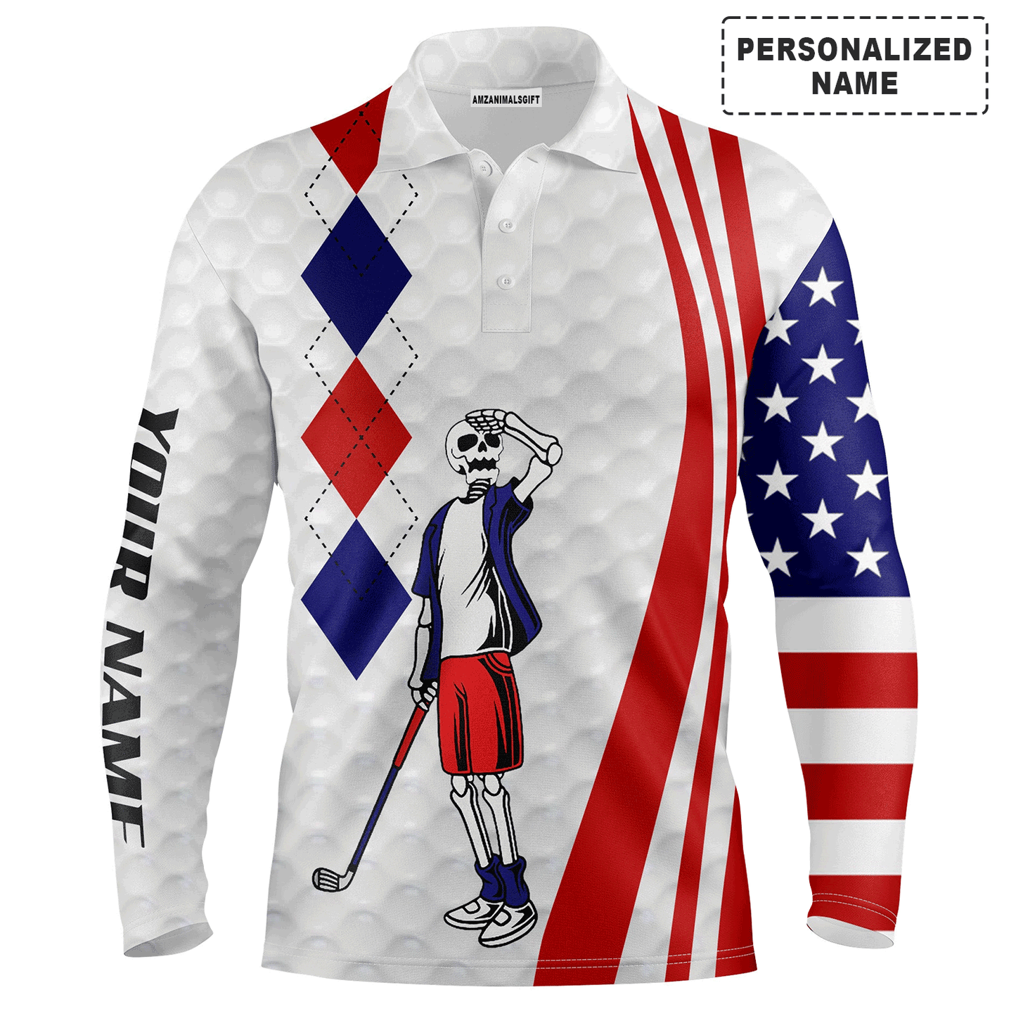 Custom Golf Long Sleeve Men Polo Shirt - American Flag 4th July Skull Custom Name Apparel Men Golf Polo Shirt For Golf Lover