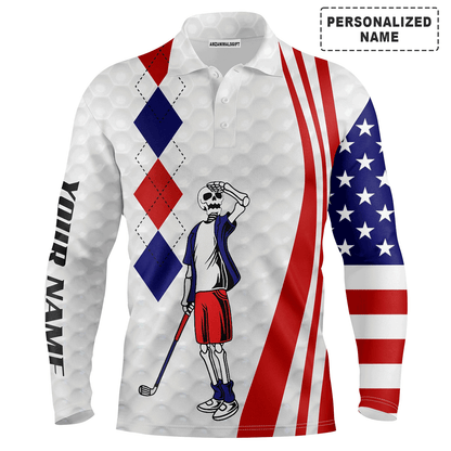 Custom Golf Long Sleeve Men Polo Shirt - American Flag 4th July Skull Custom Name Apparel Men Golf Polo Shirt For Golf Lover