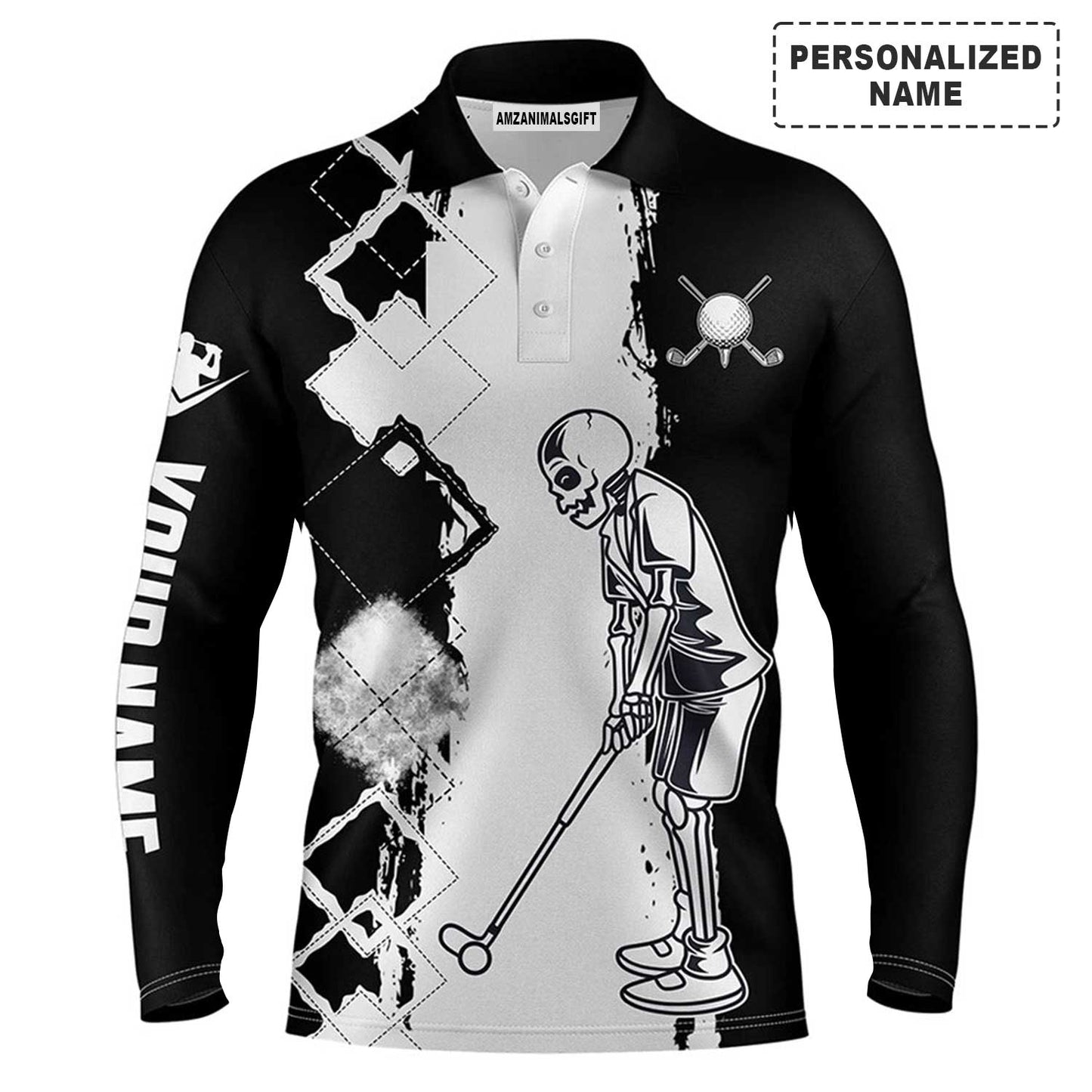 Custom Golf Long Sleeve Men Polo Shirt - Black And White Mens Skull Golfing Custom Name Apparel - Personalized Gift For Golf Lover, Team, Golfer