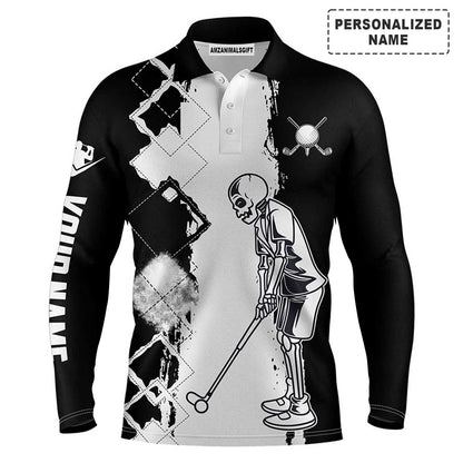 Custom Golf Long Sleeve Men Polo Shirt - Black And White Mens Skull Golfing Custom Name Apparel - Personalized Gift For Golf Lover, Team, Golfer