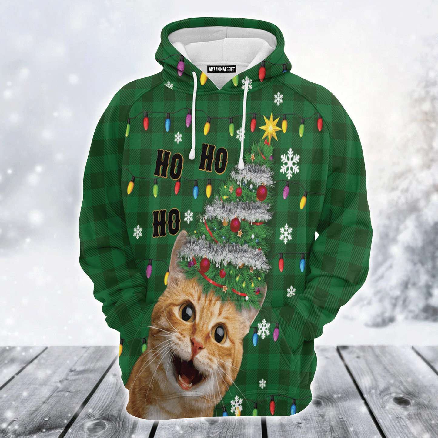 Cute Cat Premium Christmas Hoodie, Funny Cat hohoho Christmas Tree Unisex Hoodie For Men & Women - Perfect Gift For Christmas, Cat Lover