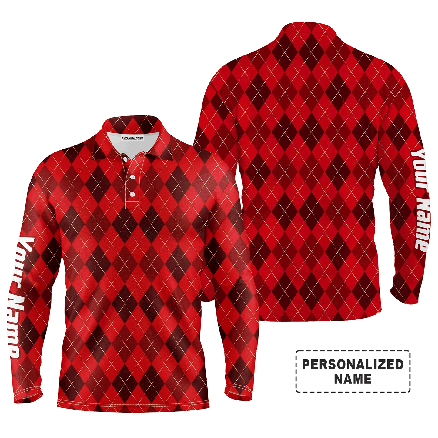 Custom Long Sleeve Men Polo Shirt, Personalized Christmas Plaid Argyle Pattern Polo Shirts - Perfect Gift For Men, Golf Lovers
