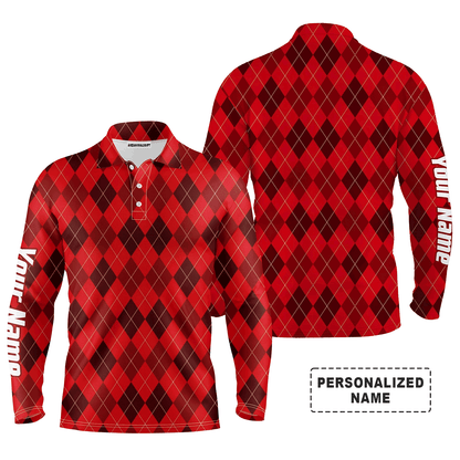 Custom Long Sleeve Men Polo Shirt, Personalized Christmas Plaid Argyle Pattern Polo Shirts - Perfect Gift For Men, Golf Lovers