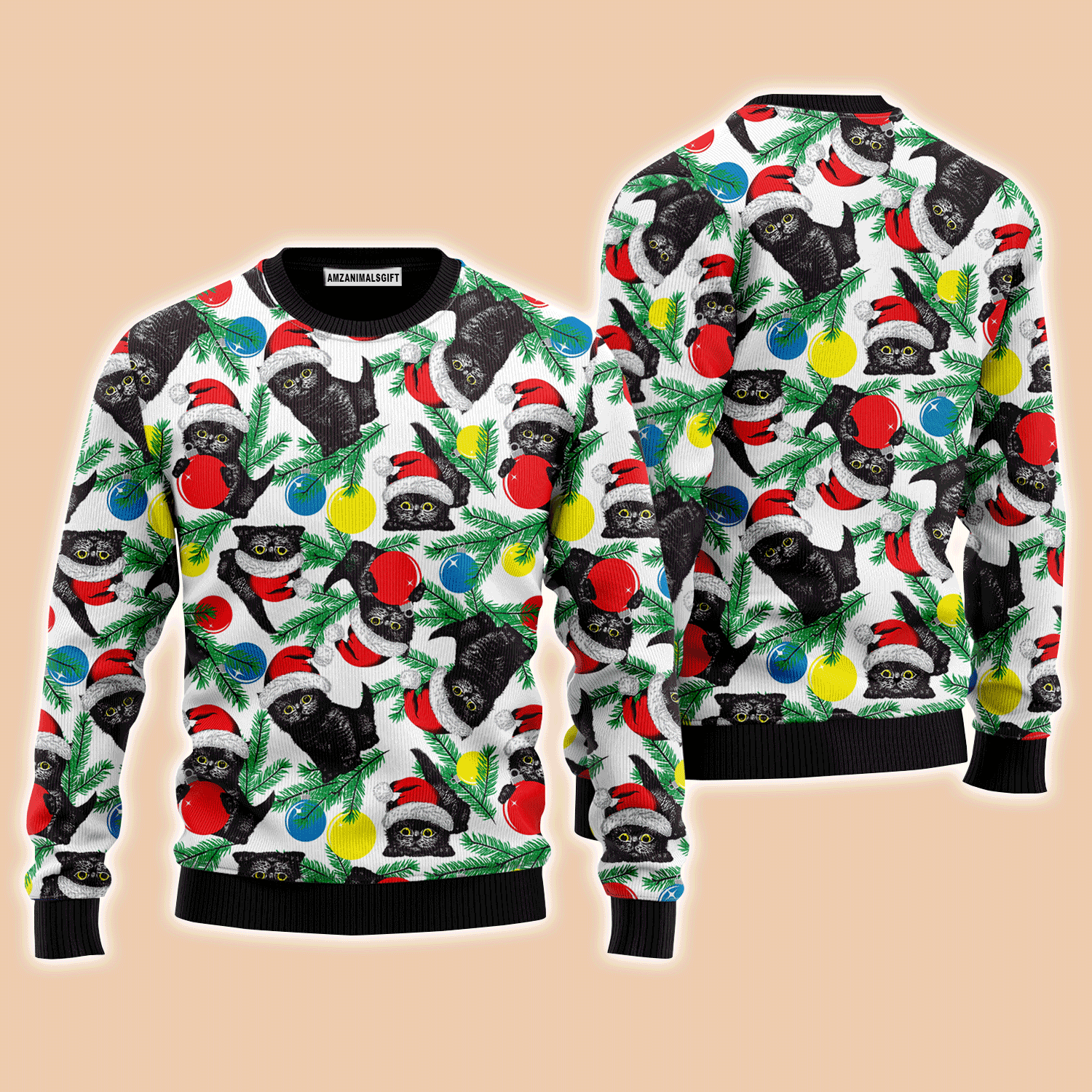 Black Cat With Xmas Balls Sweater, Ugly Christmas Sweater For Men & Women, Perfect Outfit For Christmas New Year Autumn Winter