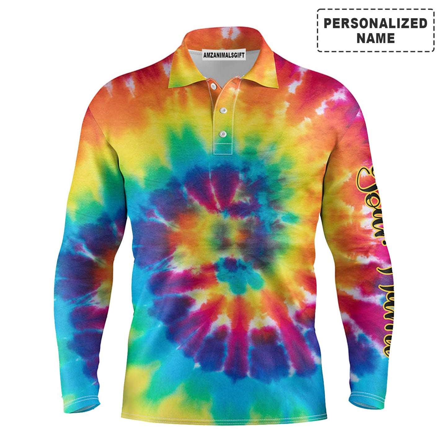 Custom Golf Long Sleeve Men Polo Shirt - Colorful Tie Dye Background Custom Name Golf Men Polo Shirt - Perfect Polo Shirt For Men, Golfers