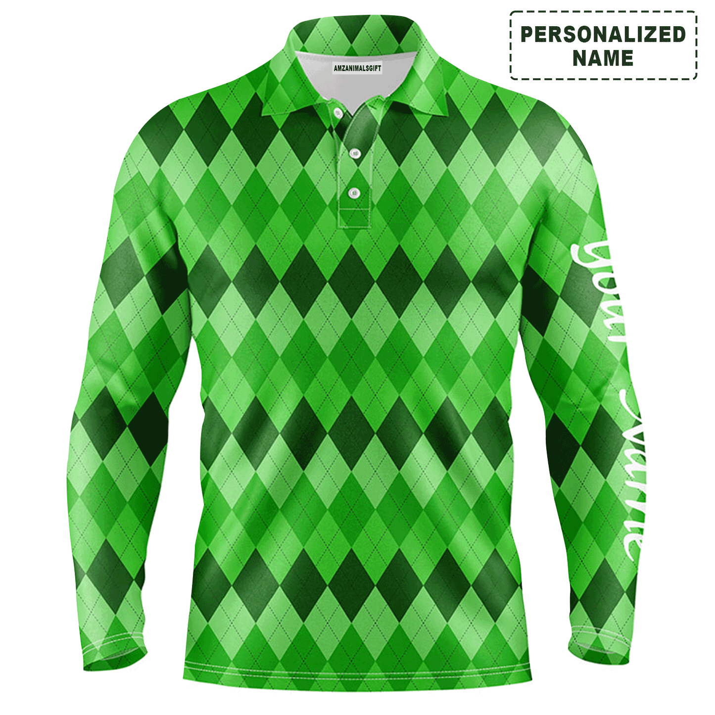Custom Golf Long Sleeve Men Polo Shirt - Custom Name Green Argyle Pattern Apparel - Personalized Sports Gift For Men, Golf Lover