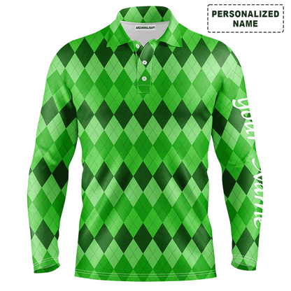 Custom Golf Long Sleeve Men Polo Shirt - Custom Name Green Argyle Pattern Apparel - Personalized Sports Gift For Men, Golf Lover