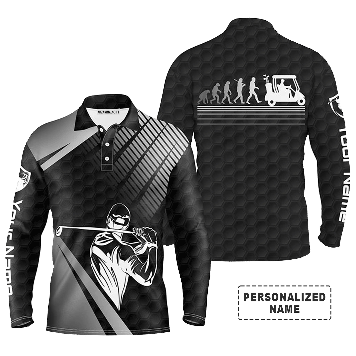 Custom Golf Long Sleeve Men Polo Shirt - Funny Custom Name Black Golf Evolution Apparel Men Golf Polo Shirt - Personalized Gift For Golf Lover, Team