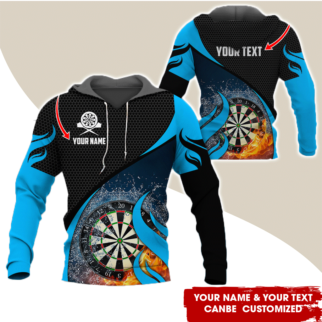 Personalized Fire & Water Darts Premium Hoodie, Customized Name & Text Darts Hoodie, Honeycomb Pattern Hoodie, Perfect Gift For Darts Lovers, Darts Player