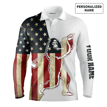 Custom Disc Golf Long Sleeve Men Polo Shirt - Custom Name American Flag Sasquatch Playing Apparel Men Polo Shirt - Perfect Polo Shirt For Men