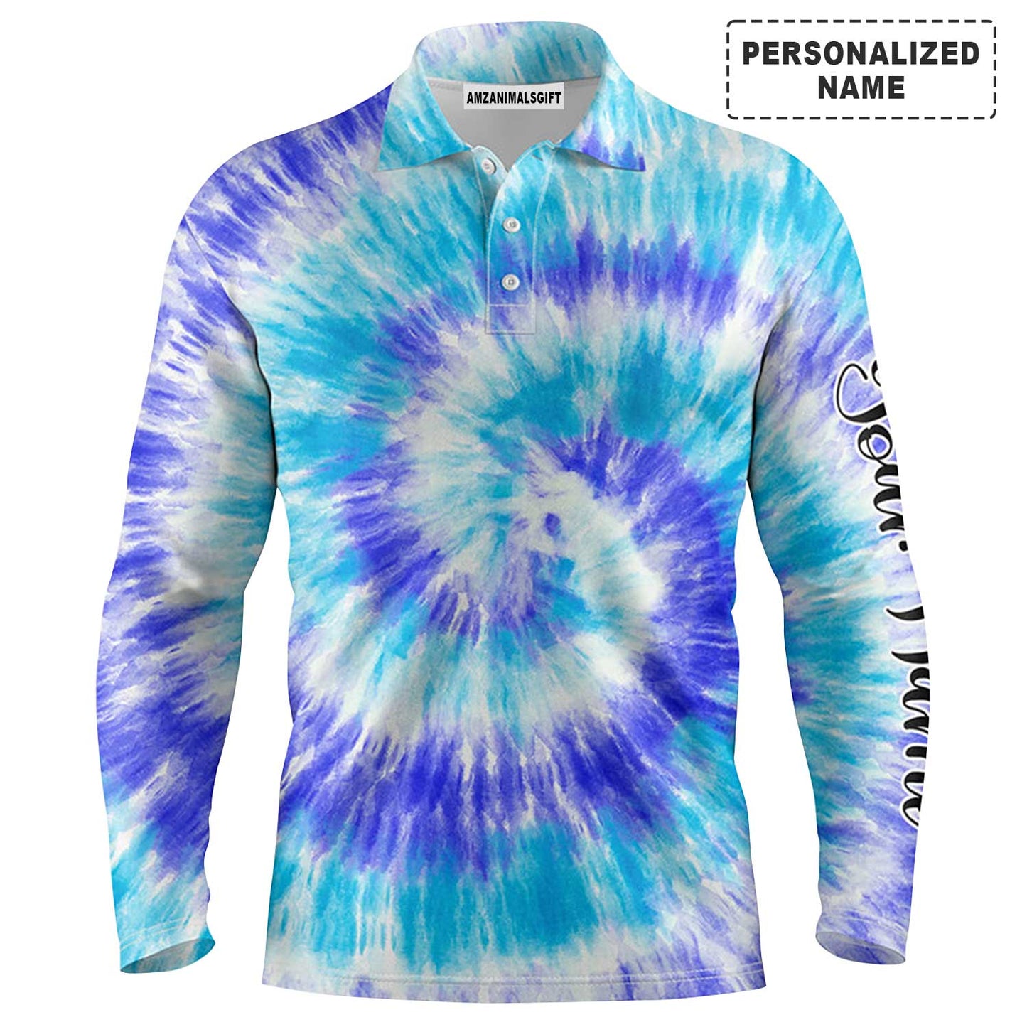 Custom Golf Long Sleeve Men Polo Shirt - Blue Turquoise Tie Dye Background Custom Name Golf Men Polo Shirt - Perfect Polo Shirt For Men, Golfers