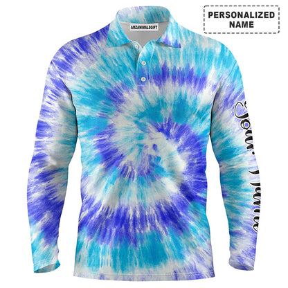 Custom Golf Long Sleeve Men Polo Shirt - Blue Turquoise Tie Dye Background Custom Name Golf Men Polo Shirt - Perfect Polo Shirt For Men, Golfers