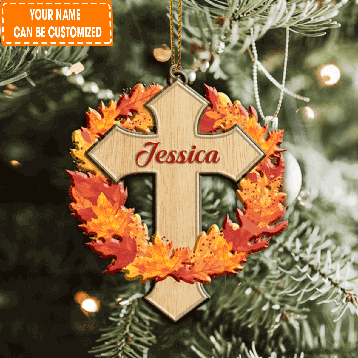 Custom Jesus Acrylic Ornament, Personalized Autumn Maple Faith Cross Jesus Christian Lover Acrylic Ornament For Christian, Holiday Decor
