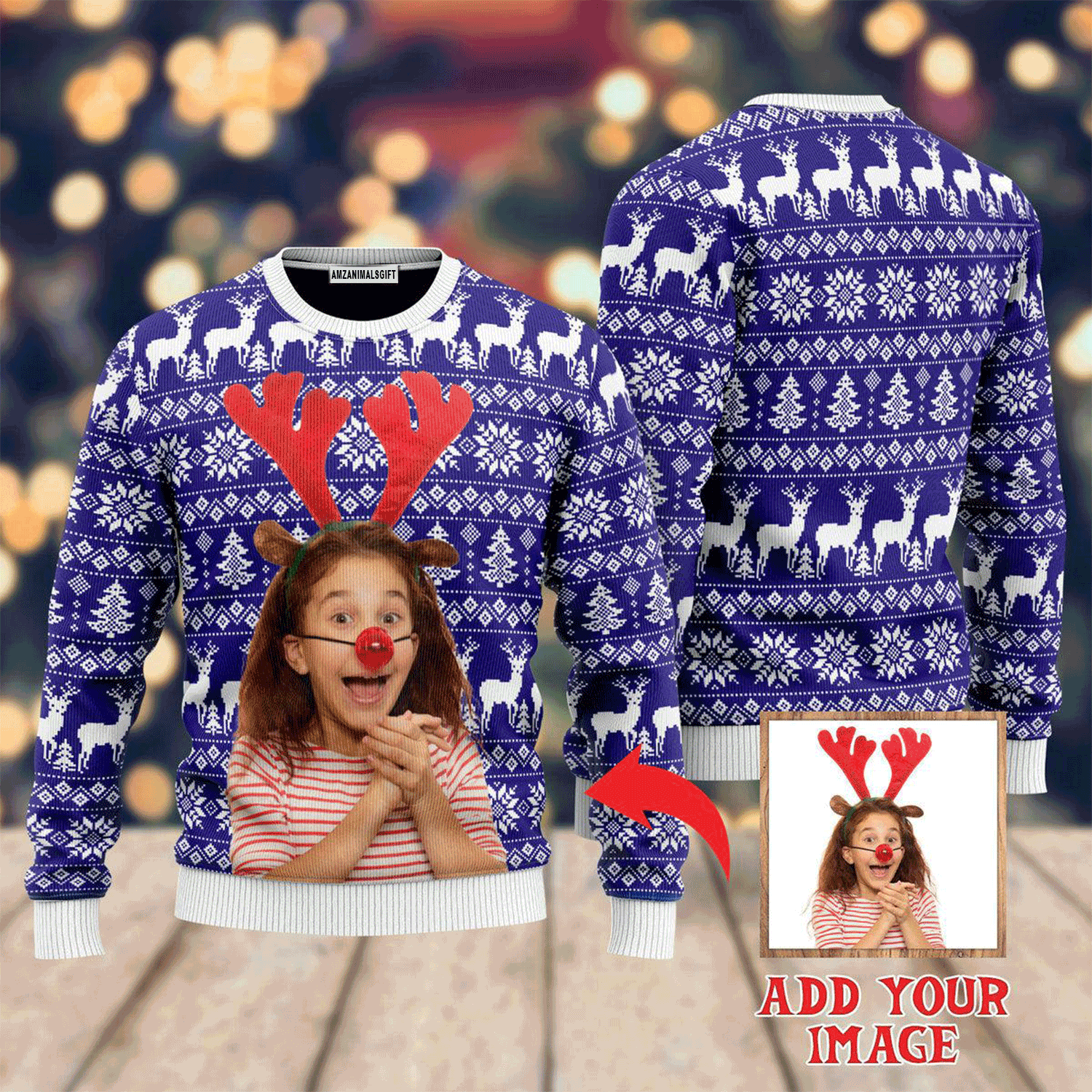 Custom Photo On Reindeer Xmas Sweater, Ugly Sweater For Men & Women, Perfect Outfit For Christmas New Year Autumn Winter