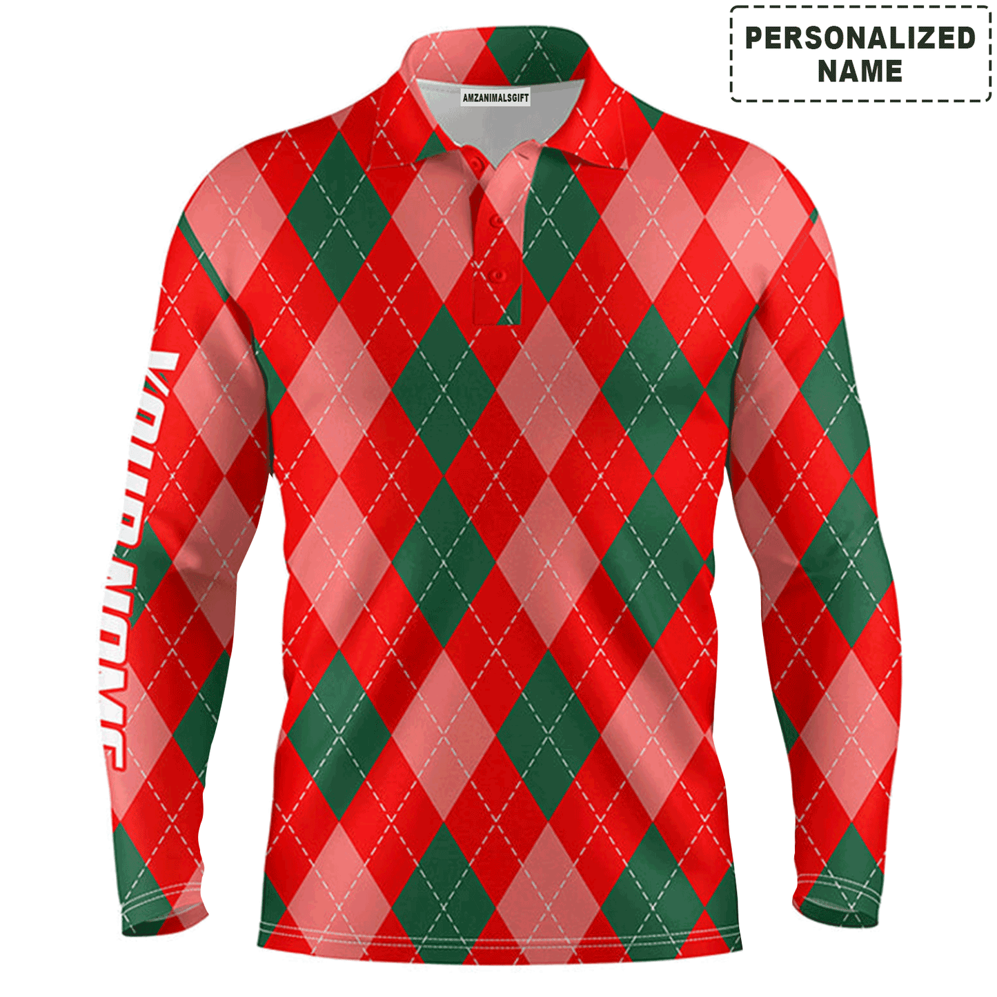 Custom Golf Long Sleeve Men Polo Shirt, Christmas Plaid Red Argyle Pattern Custom Name Apparel, Perfect Gift For Men, Golf Lover