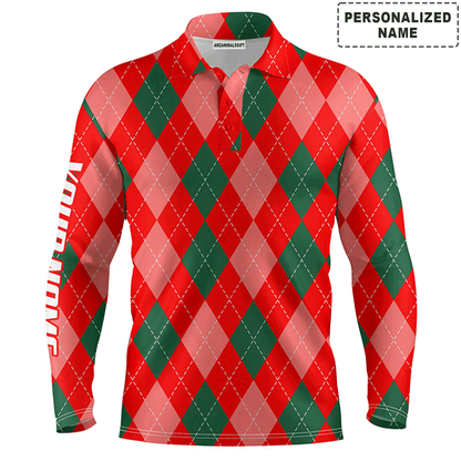 Custom Golf Long Sleeve Men Polo Shirt, Christmas Plaid Red Argyle Pattern Custom Name Apparel, Perfect Gift For Men, Golf Lover