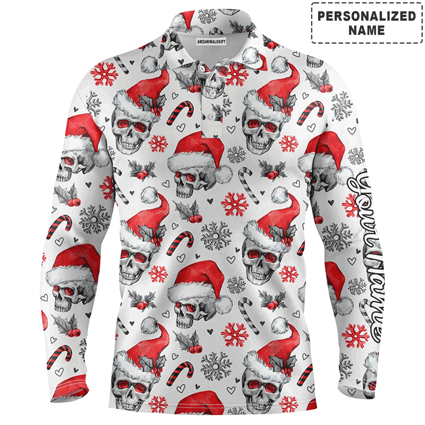 Custom Golf Long Sleeve Men Polo Shirt - Funny Christmas Men Polo Shirt, Skull Pattern Custom Name Apparel Men Polo Shirt  For Men