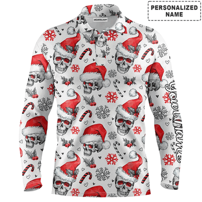 Custom Golf Long Sleeve Men Polo Shirt - Funny Christmas Men Polo Shirt, Skull Pattern Custom Name Apparel Men Polo Shirt  For Men