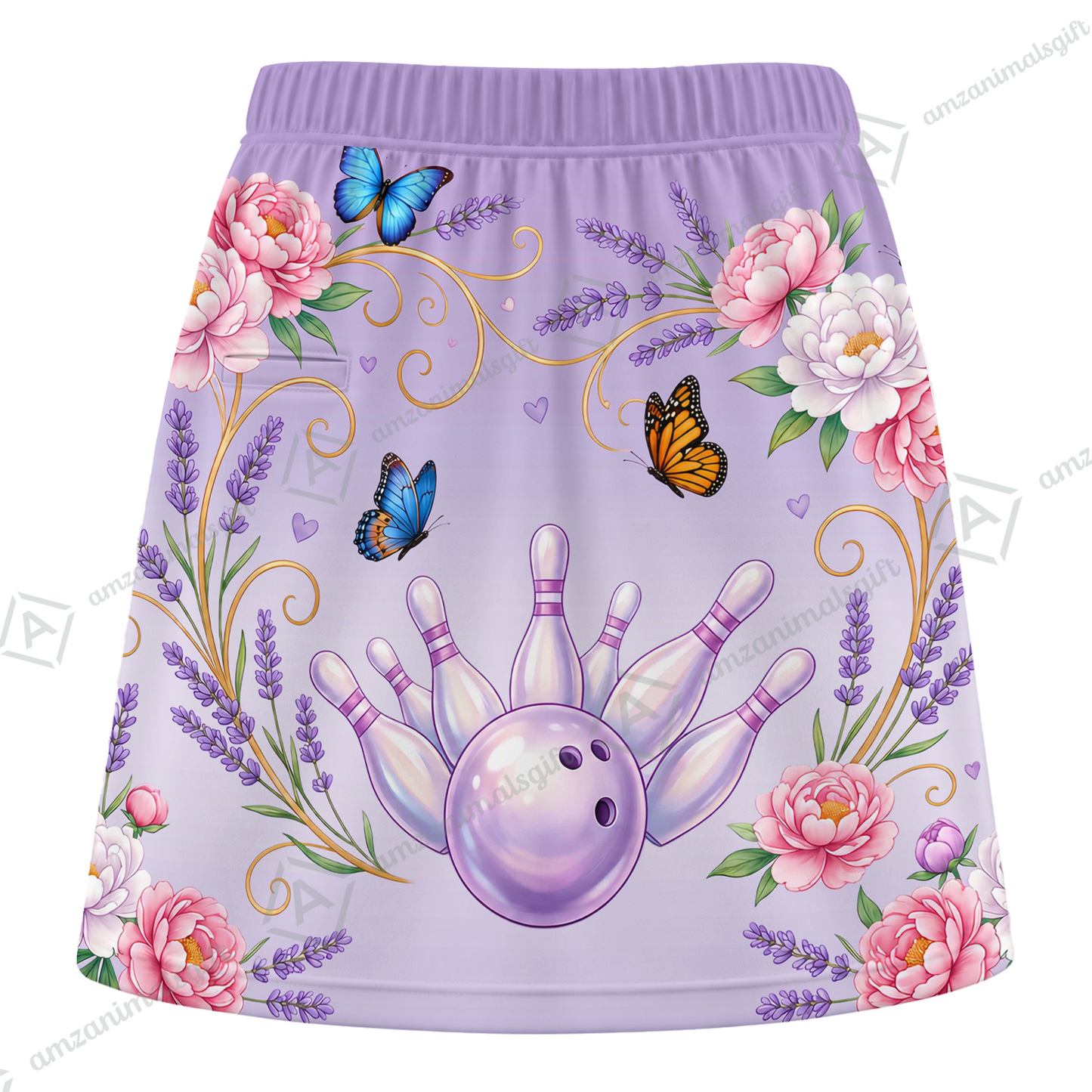 Customized Bowling Trouser Skirts With Shorts Underneath, Bowling Butterfly And Floral Scroll With Pockets