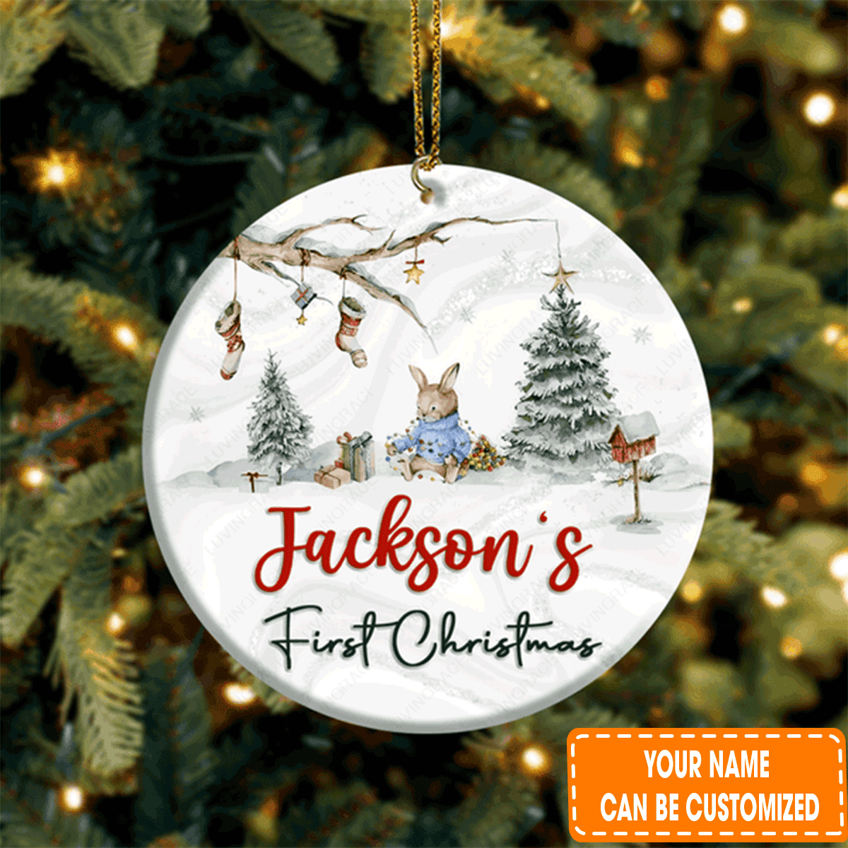Custom Jesus Acrylic Ornament, Personalized Baby Rabbit In Forest First Acrylic Ornament For Christian, Holiday Decor