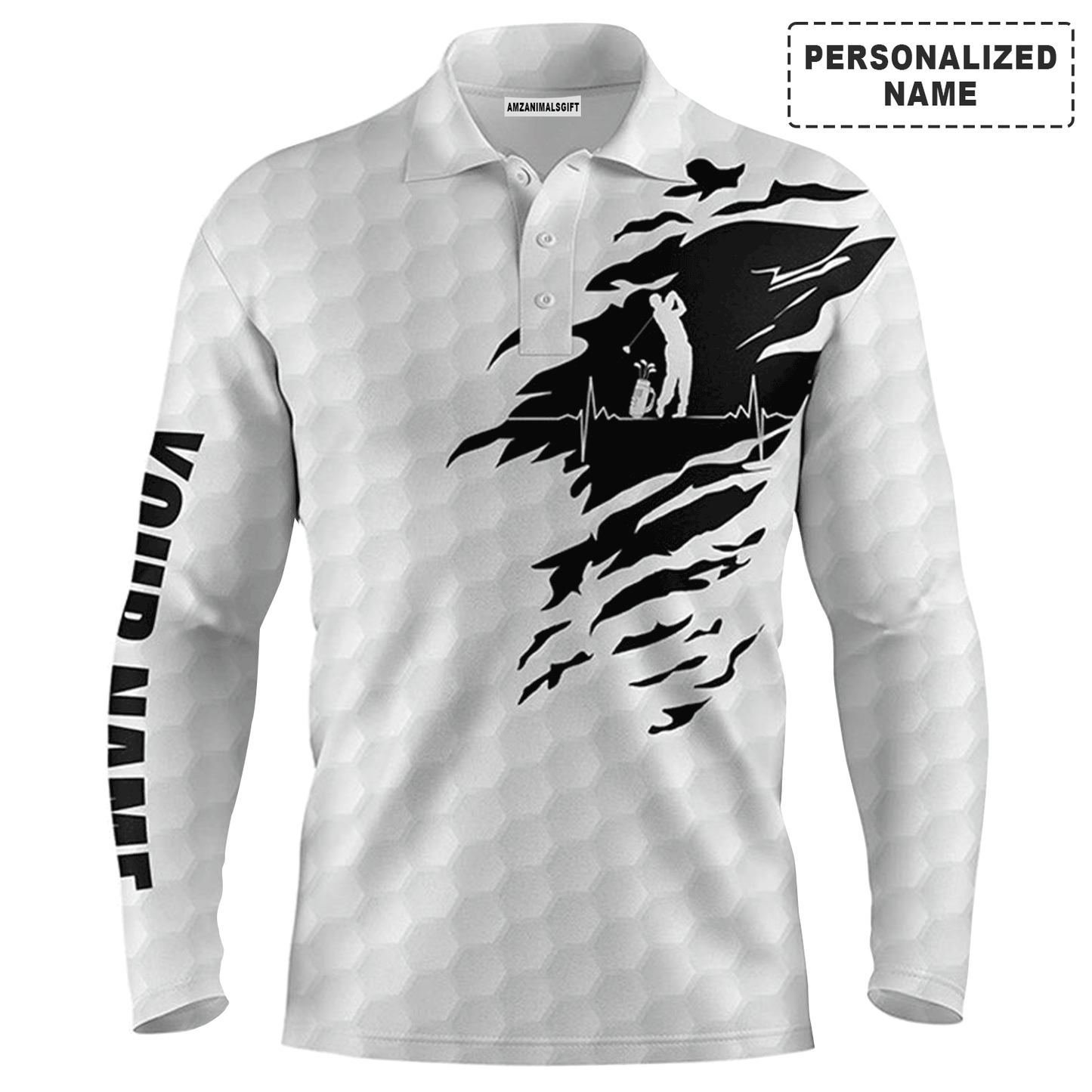 Custom Golf Long Sleeve Men Polo Shirt-Custom Name Golf Ball Pattern White Apparel Men Polo Shirt-Perfect Gift For Men, Golf Lover