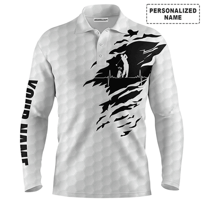 Custom Golf Long Sleeve Men Polo Shirt-Custom Name Golf Ball Pattern White Apparel Men Polo Shirt-Perfect Gift For Men, Golf Lover