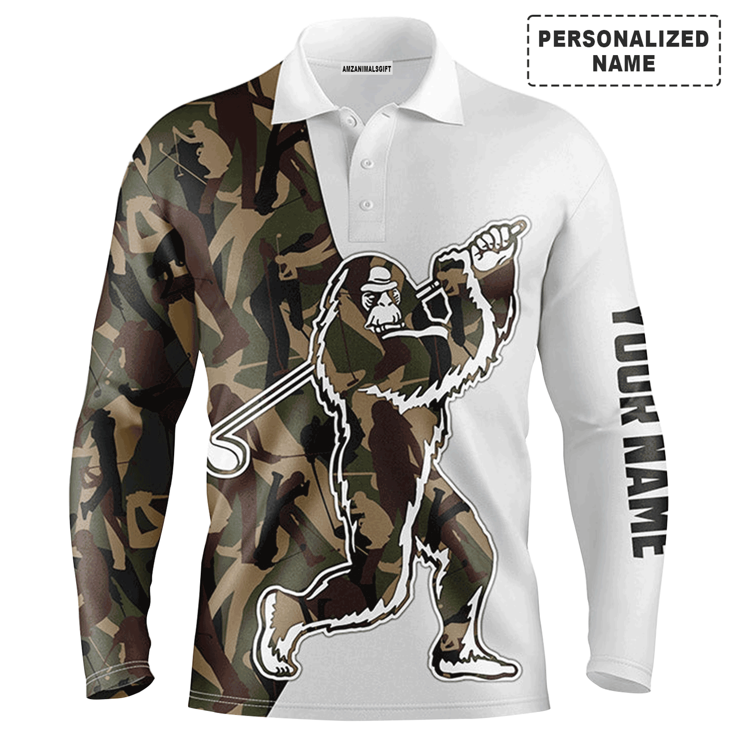 Custom Golf Long Sleeve Men Polo Shirt- Funny Bigfoot Golf Polo Shirts, Camo Pattern Sasquatch Playing Golf Men Polo Shirt For Golf Lover