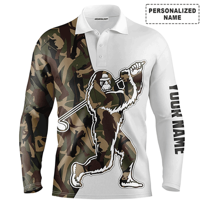 Custom Golf Long Sleeve Men Polo Shirt- Funny Bigfoot Golf Polo Shirts, Camo Pattern Sasquatch Playing Golf Men Polo Shirt For Golf Lover