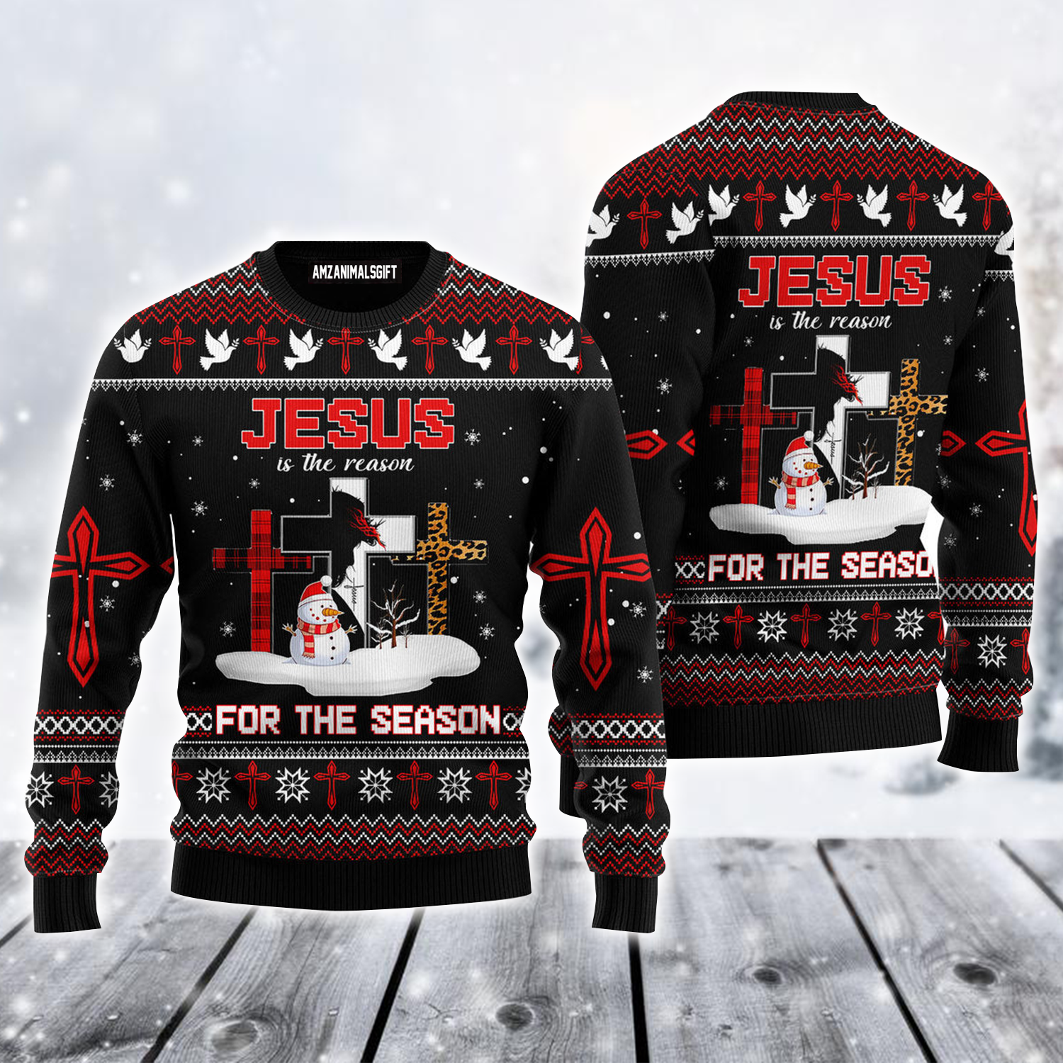 Jesus Ugly Sweater, Jesus Is The Reason For The Season Ugly Sweater, Snowman & Cross Black Sweater For Men & Women, Perfect Gift For Christian