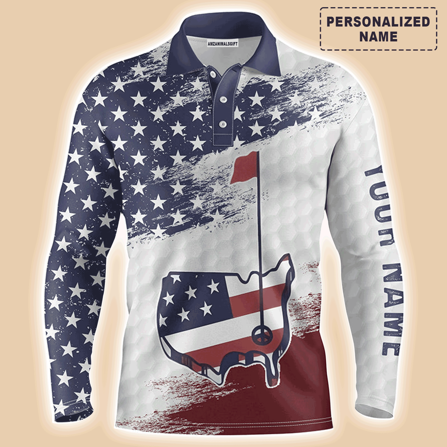 Custom Golf Long Sleeve Men Polo Shirt - Custom Name American Flag Sasquatch Playing Apparel - Personalized Gift For Men, Golf Lover