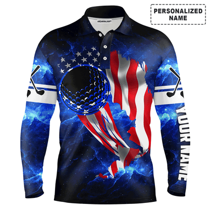 Custom Golf Long Sleeve Men Polo Shirt - Golf Ball Blue Galaxy Universe American Flag Custom Name Apparel Gift For Men, Golf Lover
