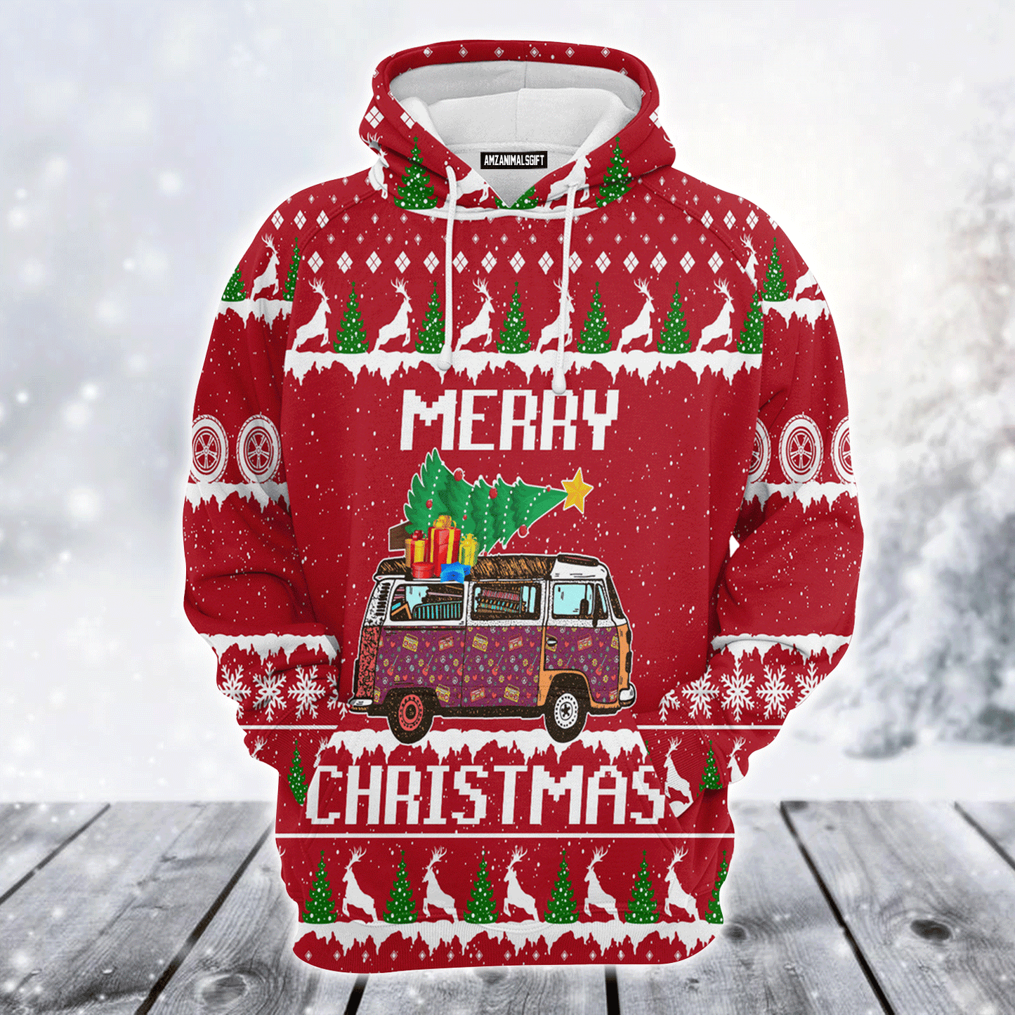 Hippie Style Xmas Premium Christmas Hoodie, Hippie Car Merry Christmas Unisex Hoodie For Men & Women - Perfect Gift For Christmas, Hippie Style Lovers