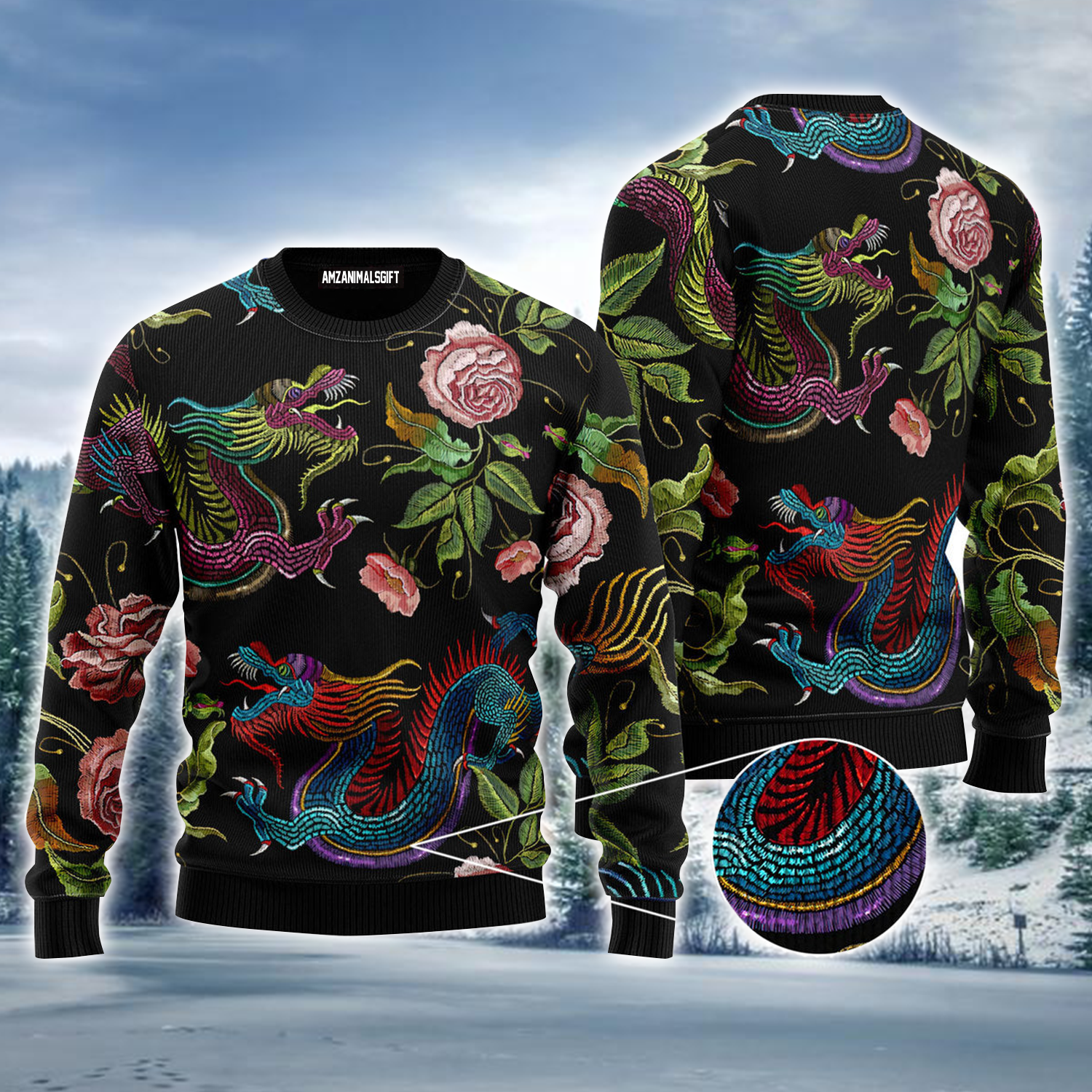 Asian Dragons Ugly Sweater, Dragons Flower Pattern Pullover Ugly Sweater For Men & Women, Perfect Gift For Dragon Lover, Friends, Family