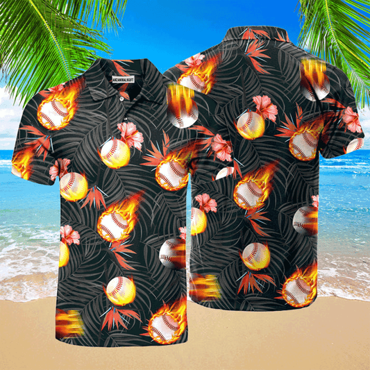 Baseball Men Polo Shirt, Baseball Fire Tropical Polo Shirt For Men, Perfect Polo Shirt For Baseball Lovers