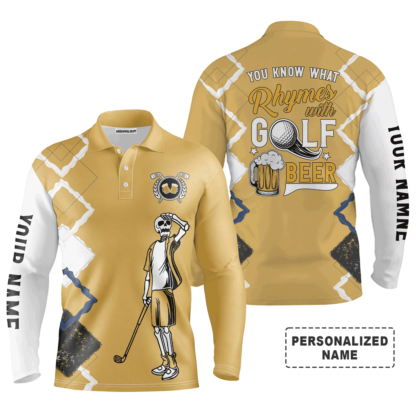Custom Golf Long Sleeve Men Polo Shirt- Funny Skeleton Argyle Pattern You Know What Rhymes With Golf Beer Men Polo Shirts For Golf Lover
