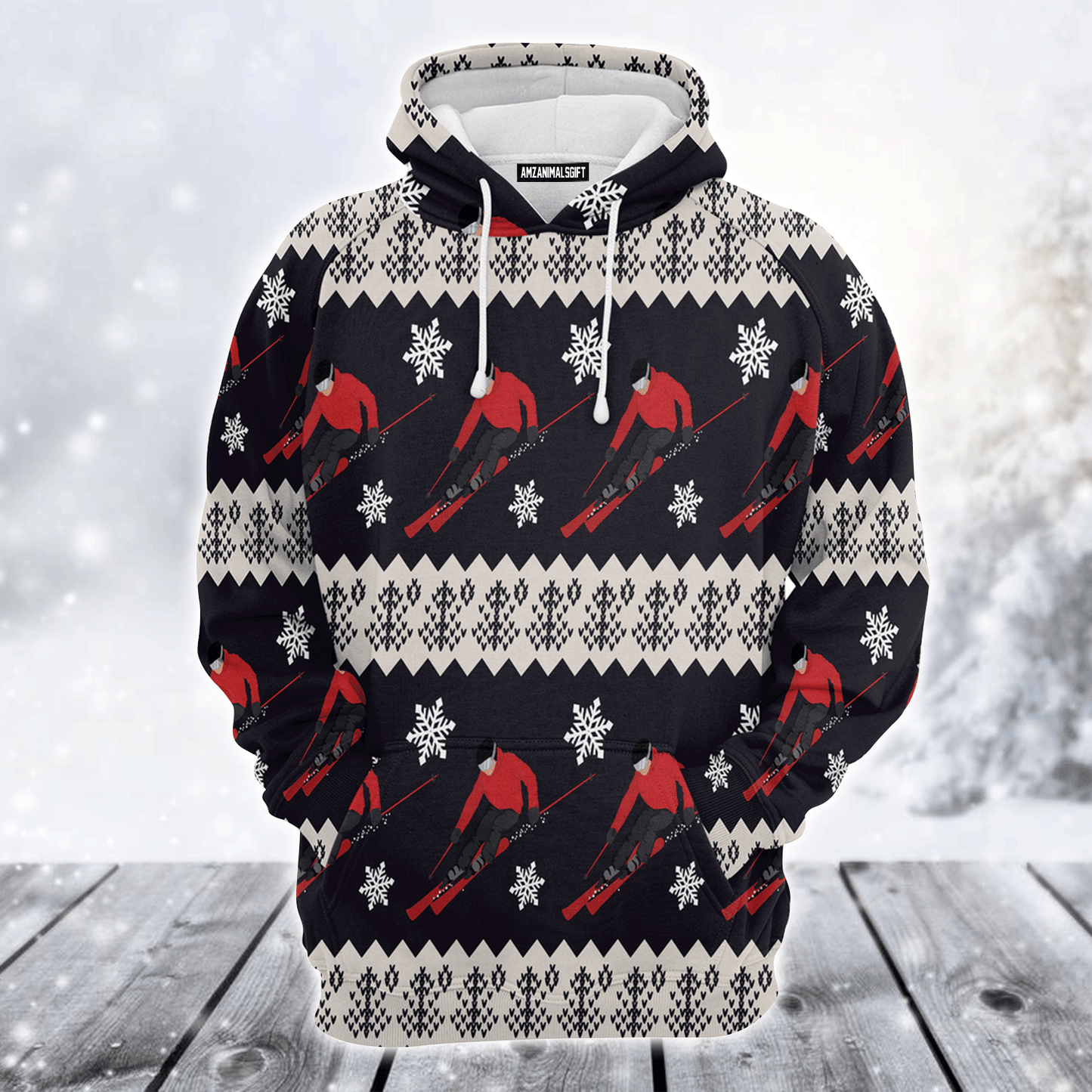 Winter Skiing Xmas Premium Christmas Hoodie, Winter Skiing Unisex Back White Hoodie For Men & Women - Perfect Gift For Christmas, Winter Skiing Lovers