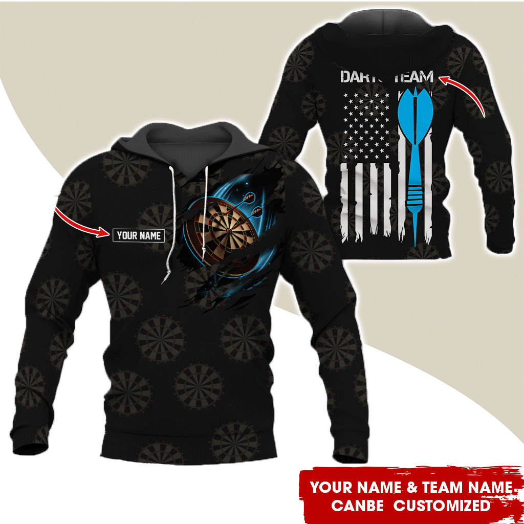 Customized Name & Team Name Darts Premium Hoodie, American Flag & Darts Pattern Black Hoodie, Perfect Gift For Darts Lovers, Friend, Family