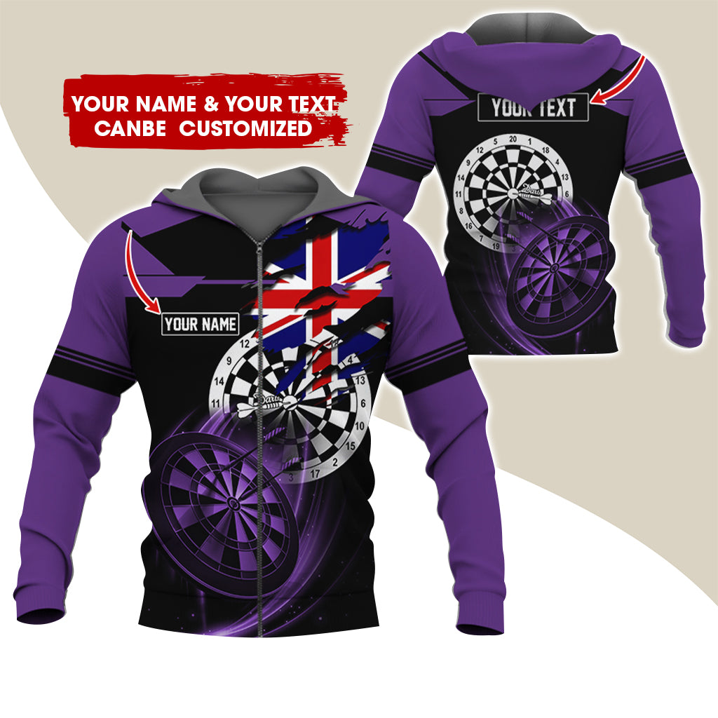Customized Name & Text Darts Premium Zip Hoodie, Personalized England Flag Zip Hoodie For Men & Women - Gift For Darts Lovers, Darts Players