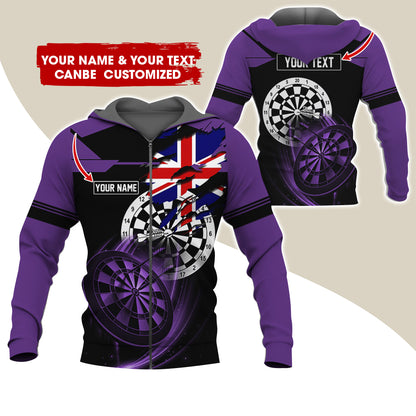 Customized Name & Text Darts Premium Zip Hoodie, Personalized England Flag Zip Hoodie For Men & Women - Gift For Darts Lovers, Darts Players