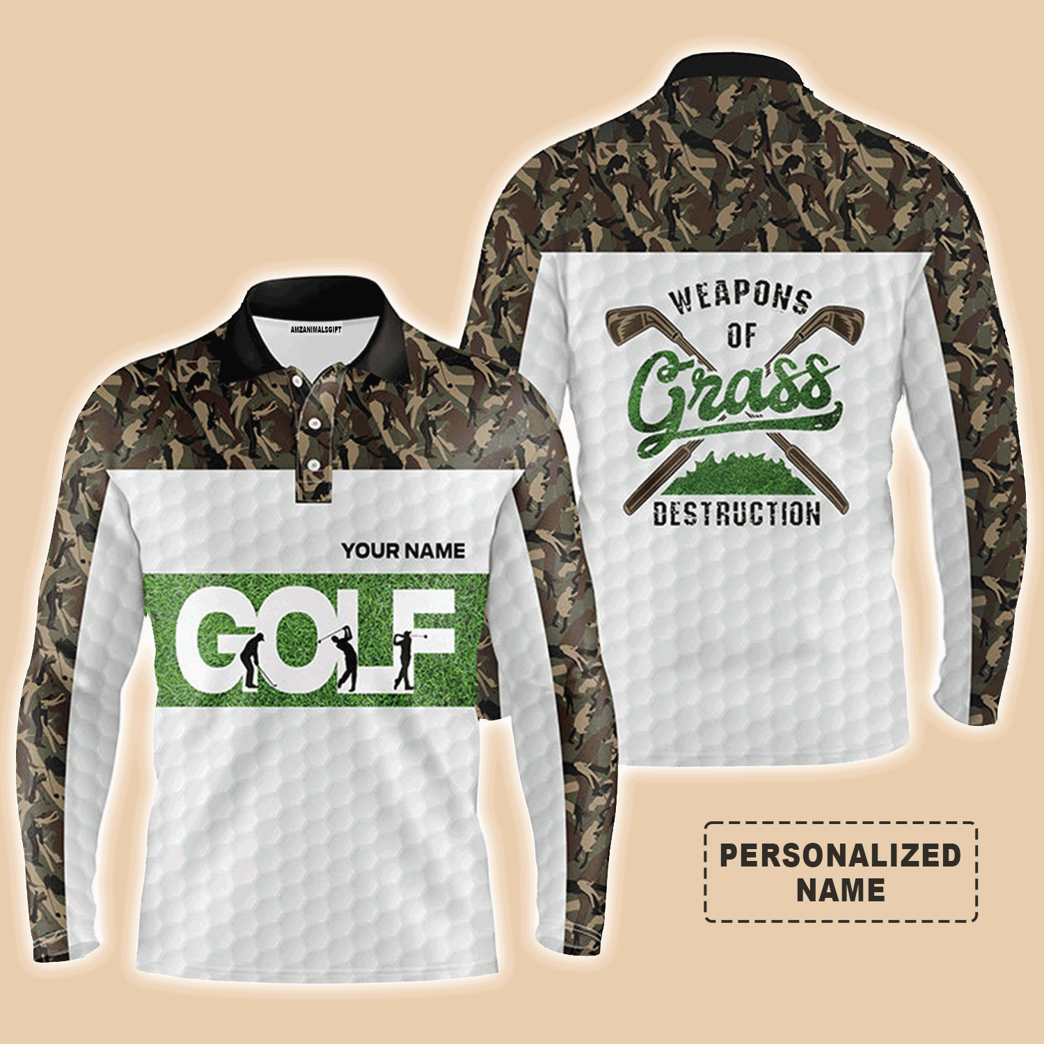 Custom Golf Long Sleeve Men Polo Shirt - Weapon Of Grass Destruction Camo Pattern White Background Men Polo Shirts For Golf Lover
